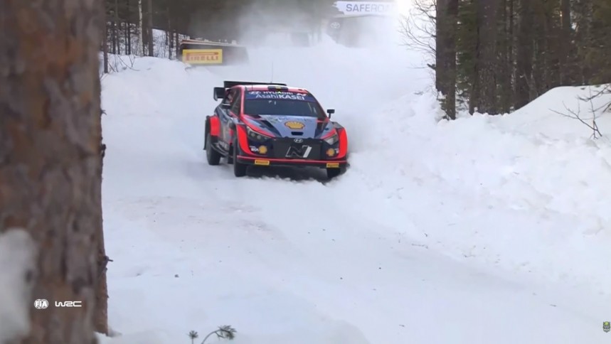 Oliver Solberg and his co\-driver, Elliott Edmondson in the Hyundai i20 Rally1 car racing in Rally Sweden