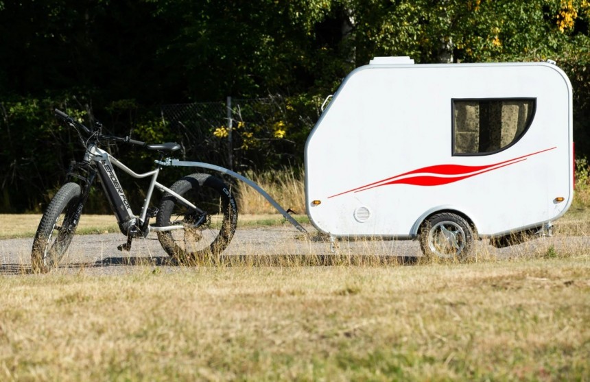 The Hupi trailer is an RV designed for e\-bikes, with the features of a larger towable