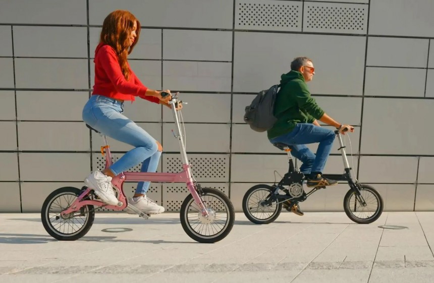The Pop\-Cycle bike features a sliding frame to get more compact dimensions