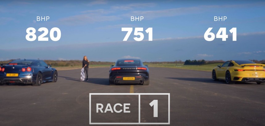 Supercar Drag Race\: Porsche 992 Turbo s vs Taycan Turbo S vs Nissan GT\-R