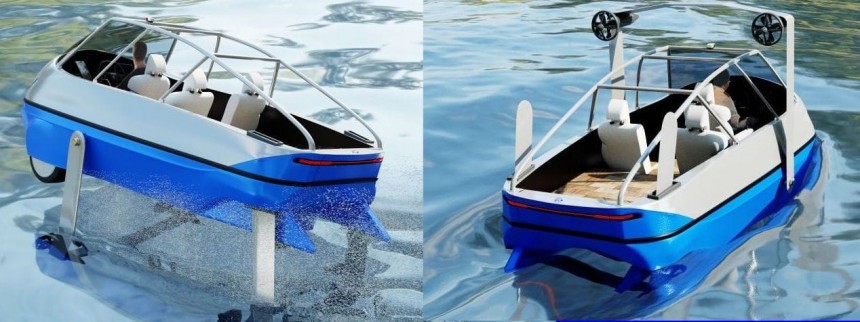 The Trident LS\-1 from Poseidon AmphibWorks is an electric three\-wheeler that doubles as a hydrofoil boat