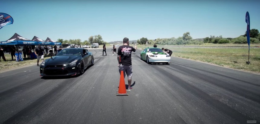 R35 GT\-R Gets Cocky With a 1,370\-HP Mustang, Pays the Piper