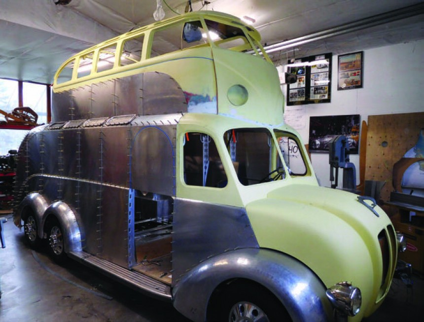 The Magic Bus is a Randy Grubb custom made of a GMC Motorhome, a VW bus, and a milk truck