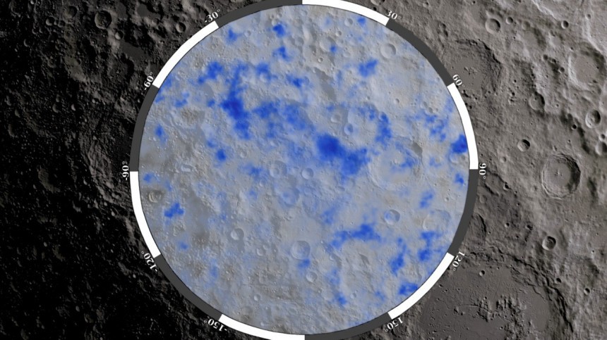 Areas of the Moon’s south pole with possible deposits of water ice, shown in blue\. The map is based on data taken by NASA’s Lunar Reconnaissance Orbiter