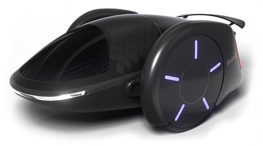 The SHANE electric car concept rides on two wheels, is fully autonomous, and can carry five people and cargo