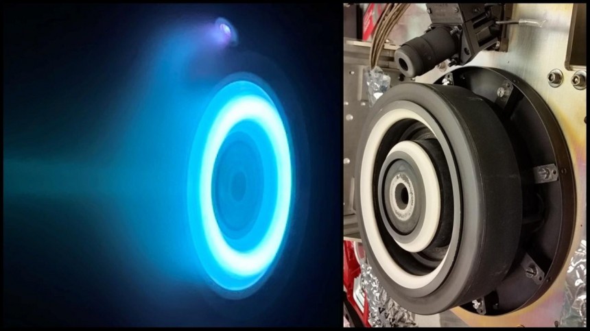 The photo on the left captures an operating electric Hall thruster identical to those that will propel NASA's Psyche spacecraft, while the photo on the right shows a similar non\-operating Hall thruster