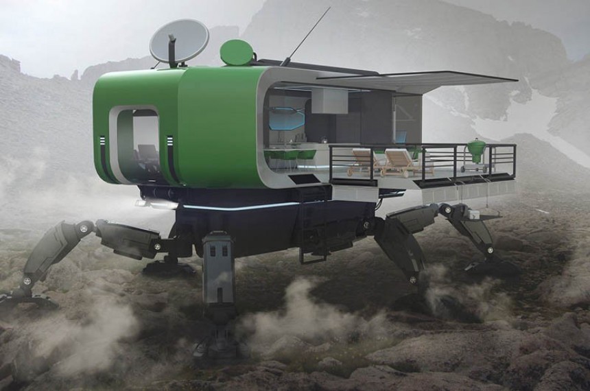 Mobile home concept imagines a walking house with incredible off\-road capabilities and amenities