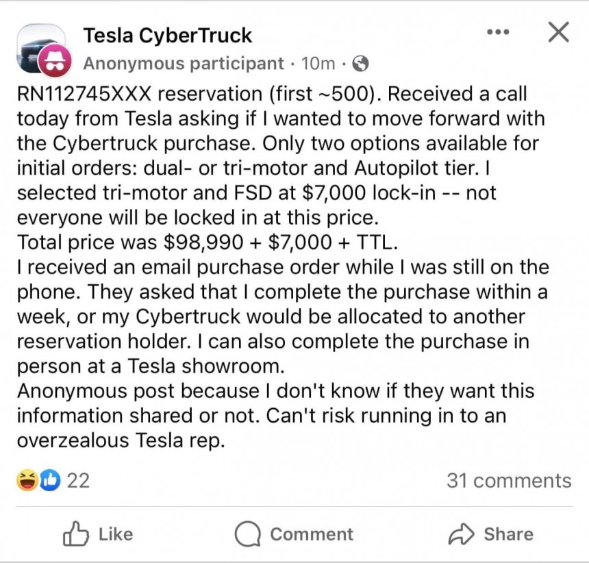 The message posted on Tesla CyberTruck Facebook group