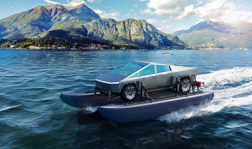 The Cybercat kit turns the Tesla Cybertruck into a catamaran or a hydrofoil, as a pricier upgrade