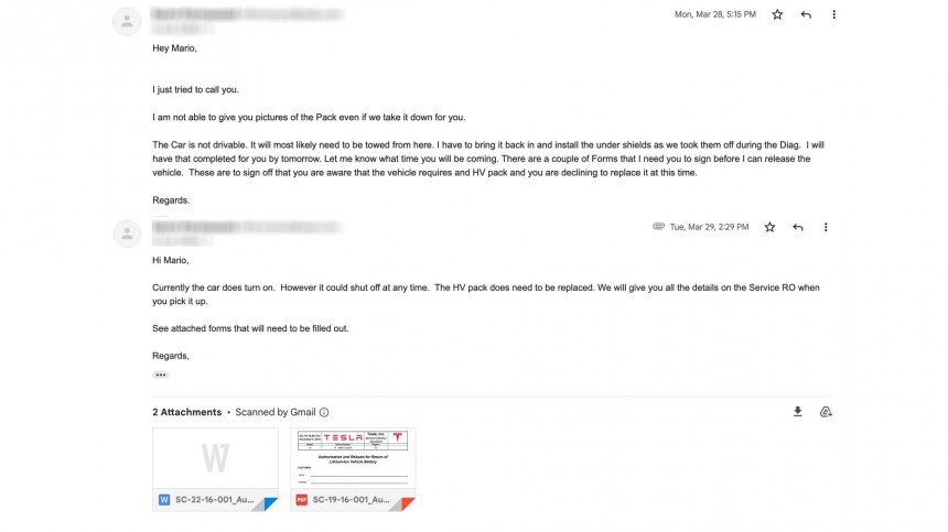 Tesla Service Center emails telling Mario Zelaya to sign the papers to release his Model S