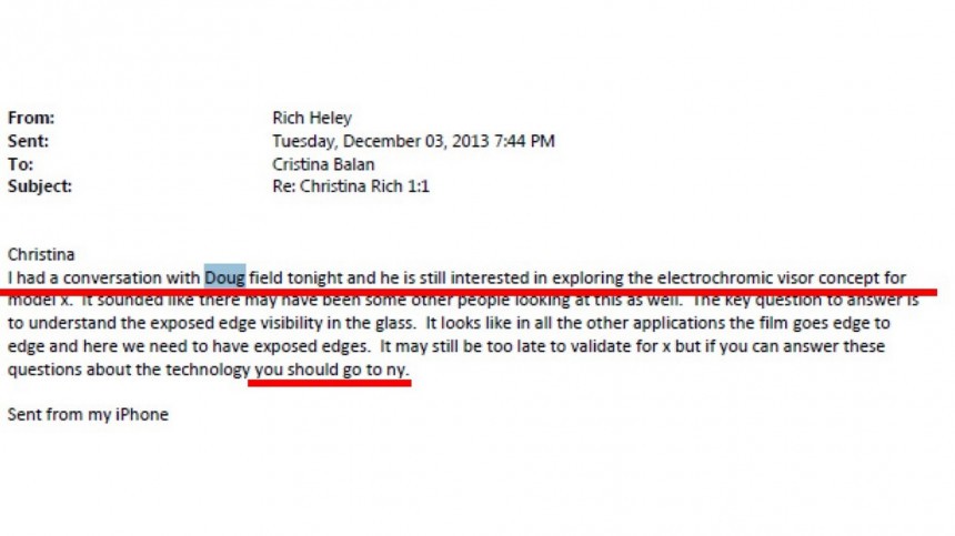 Email Message Shows Rich Heley Wanted Cristina Balan to Travel to New York to Work on Revolutionary Sun Visor