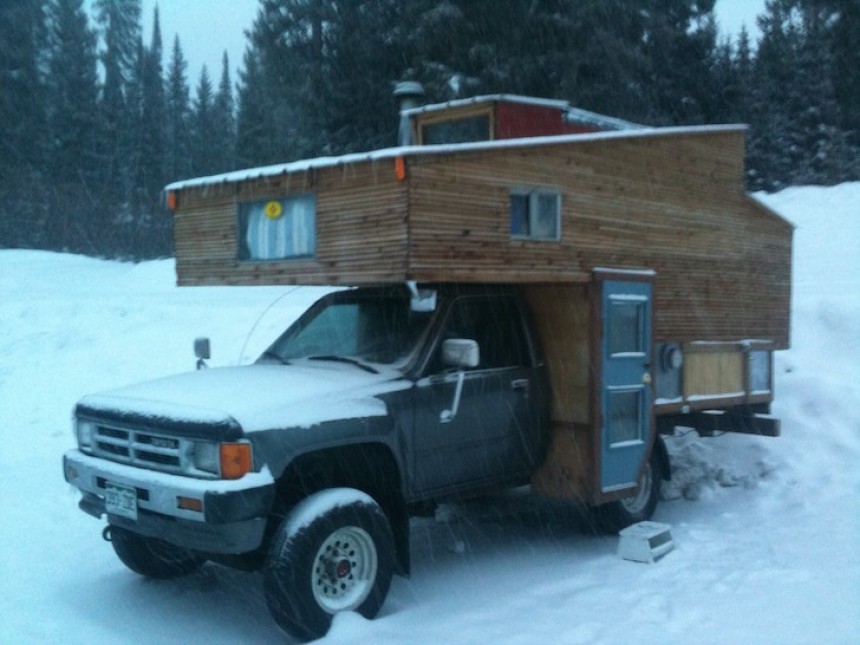 The Hippy Shack is a mobile ski chalet based on a 1988 Toyota truck, hand\-built for under \$1,000