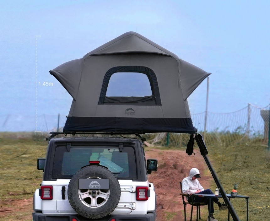 The Air Cruiser rooftop tent by Cinch and Wild Land is self\-assembling, ultra\-light, durable, four\-season, and spacious