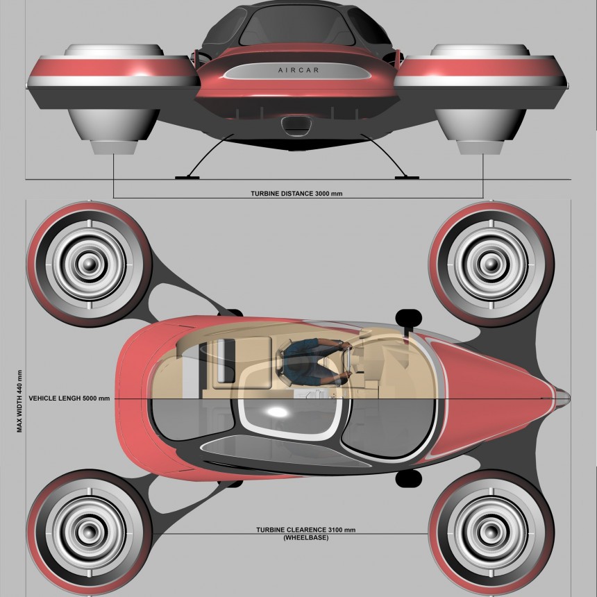 The AirCar flying car concept brings carbon fiber monocoque and four self\-adjusting Rolls\-Royce jet engines