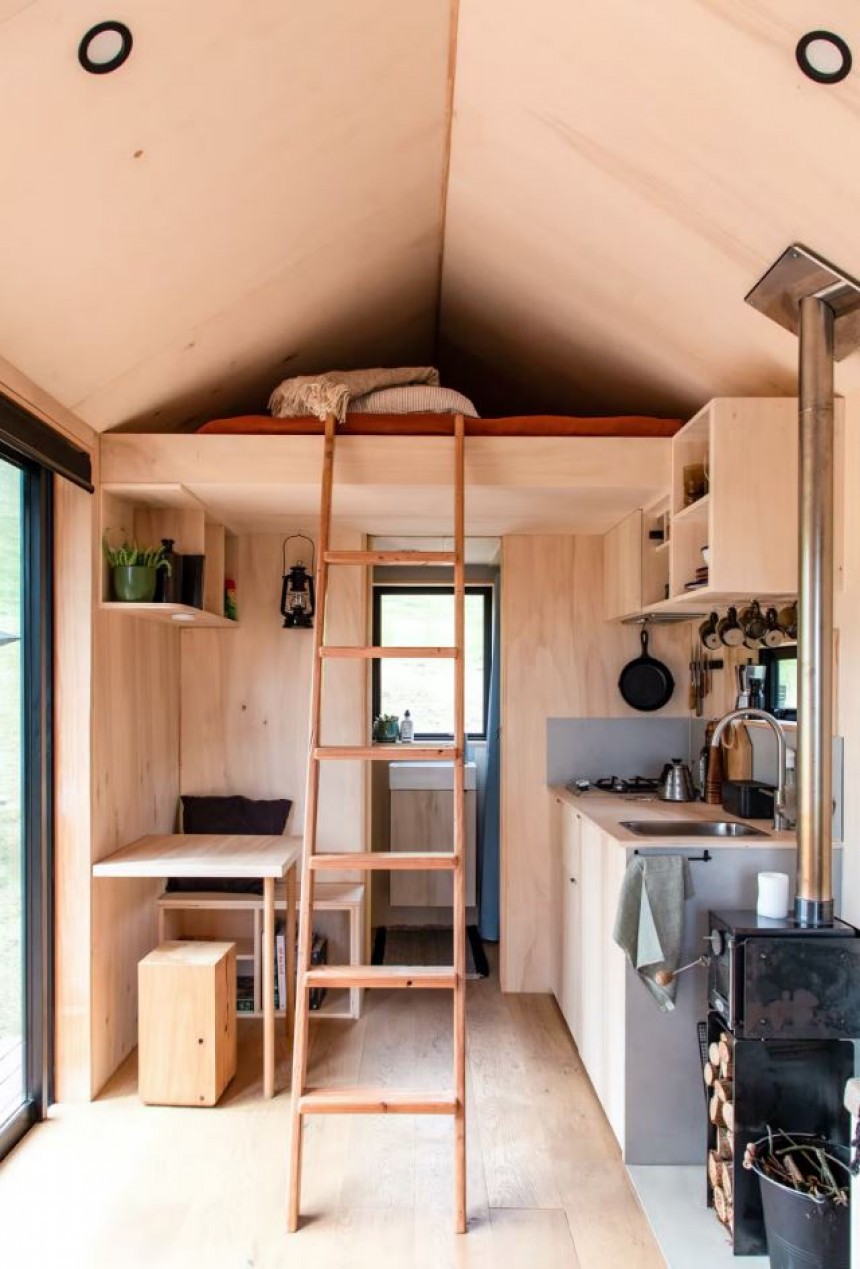 The Buster tiny is the perfect woodland retreat, off\-grid, minimalist and cozy