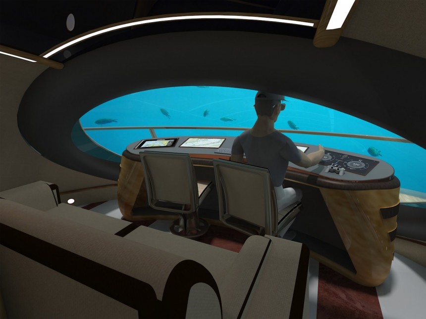 The Deep Sea Dreamer is a luxury expedition submarine designed for romantic billionaires