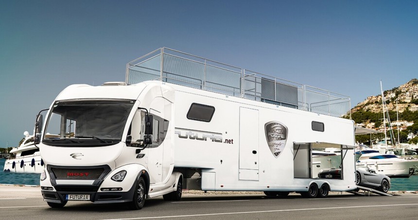 The Futuria Sports \+ Spa is a custom motorhome with a car garage and a jacuzzi on the sundeck