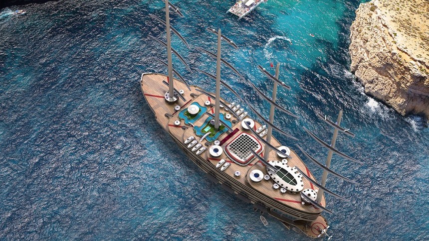 The Galleon from the Goliath series is an 8\-deck sail\-assisted gigayacht with insane amenities