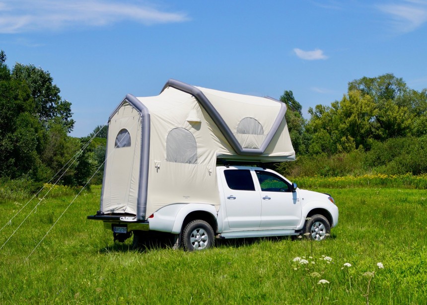 The GT Pickup tent or "Taco Tent," reportedly the only fully\-inflatable rooftop tent in the world, offers sleeping for 2\-3 adults