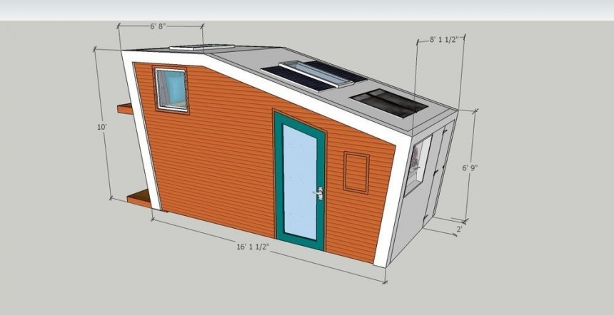 The Longview tiny house has fold\-out deck with awning, two sizable skylights to maximize space