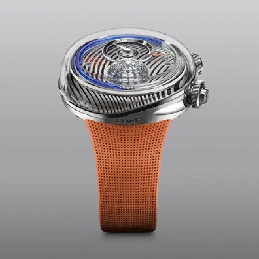 HYT Flow watch, the diamond\-set, blue\-liquid model