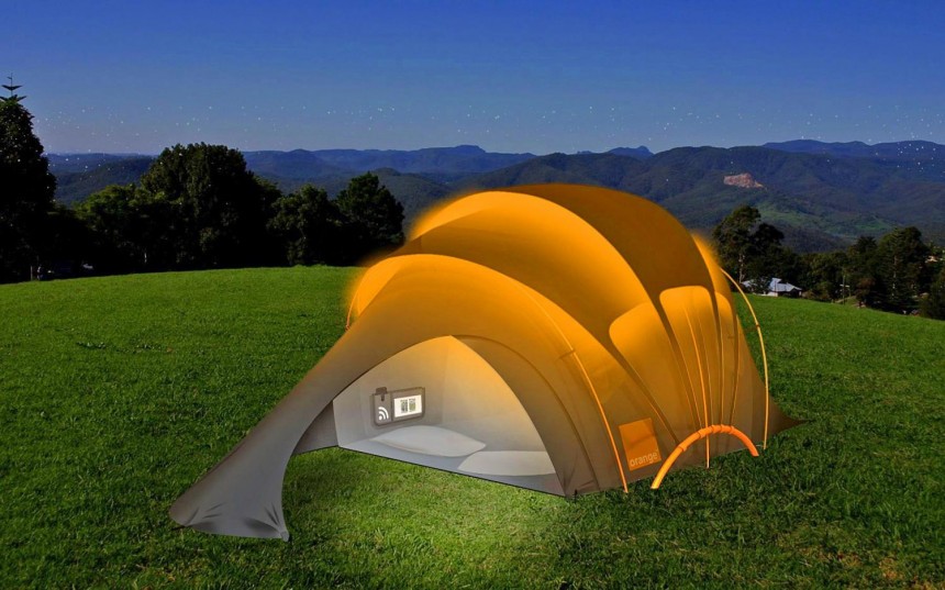 The Orange Solar Tent was a 2009 concept that featured solar cells for charging all devices, underfloor heating, and Wi\-Fi