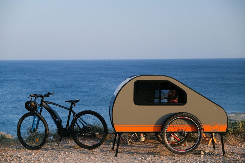 The RoadSnailCamper is an e\-bike teardrop trailer that renders bikepacking obsolete
