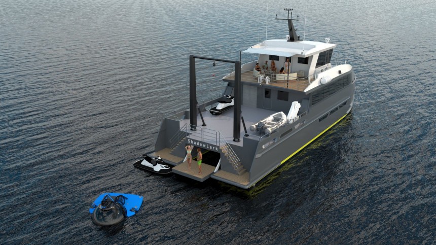 ShadowLark is a luxury yacht designed around the Triton 3300 / MKII submarine