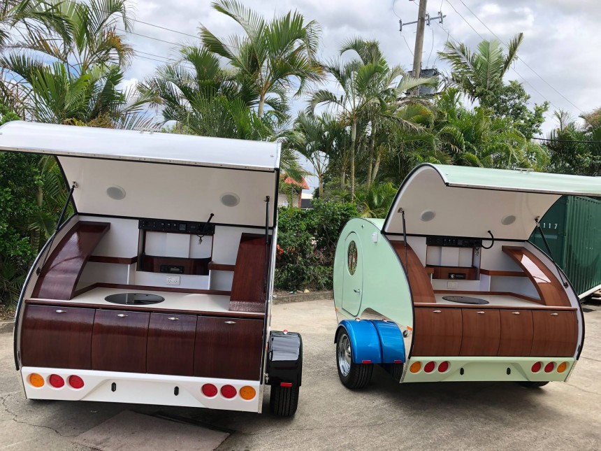 The Gidget Retro Trailer featured a slide\-out and a full\-kitchen, with an adorable retro design