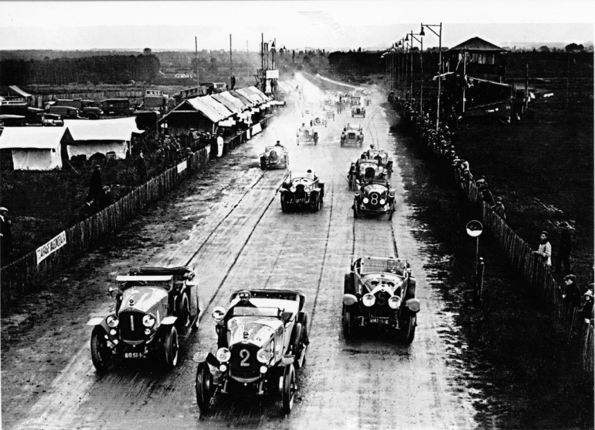 The 1923 Bentley 3 Litre Super Sports \(no 8, center right\) was the first car ever entered in the 24 hours of Le Mans