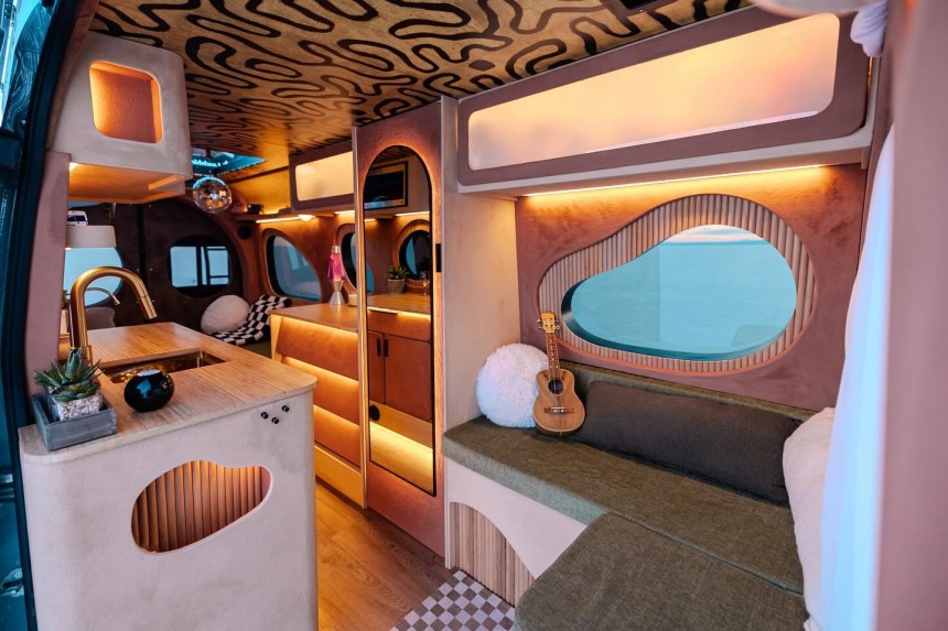 Psychedelic van conversion with funky interior and massive solar array