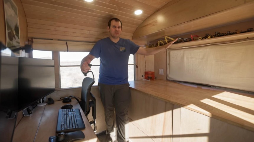 Bus Turned Tiny Home on Wheels Features a One\-of\-a\-Kind Kitchen and a Gigantic Bathroom