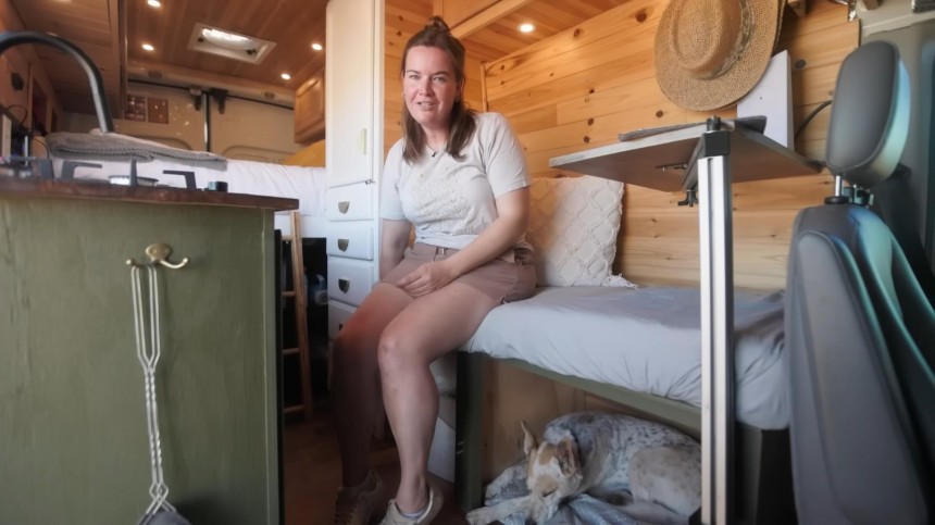 This DIY Camper Van Is an Affordable Tiny Home With a Snug Interior and a Pull\-Out Garage
