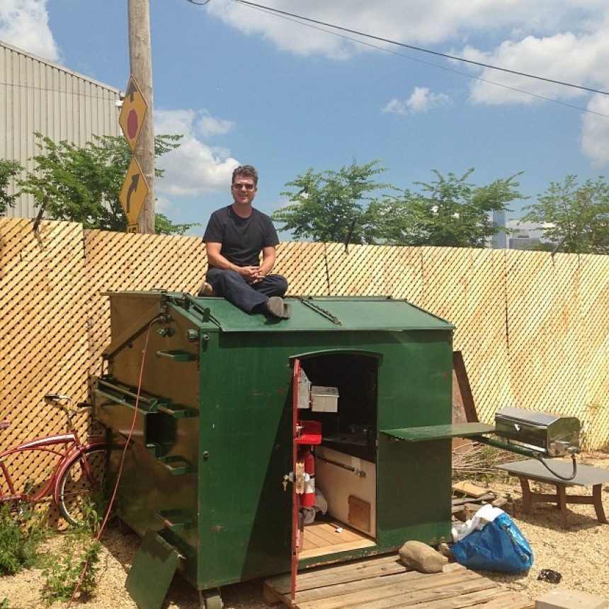 The Dumpster Home is a mobile micro\-home completed in 2011 and used as a summertime residence in NYC