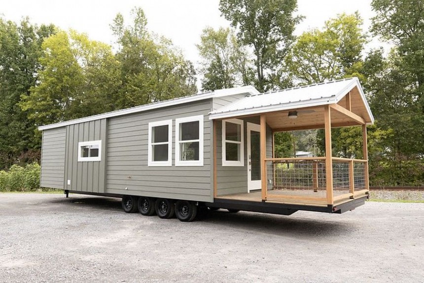 The Cumberland tiny is a park model with integrated porch and a home office, space for the entire family