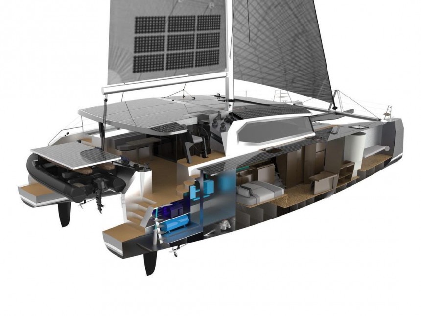 Hu'chu 55 is a sailing cat with electric propulsion and the noblest of goals