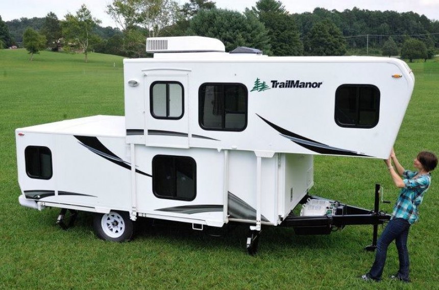 The TrailManor is a hard wall pop\-up travel trailer that can sleep as many as six people