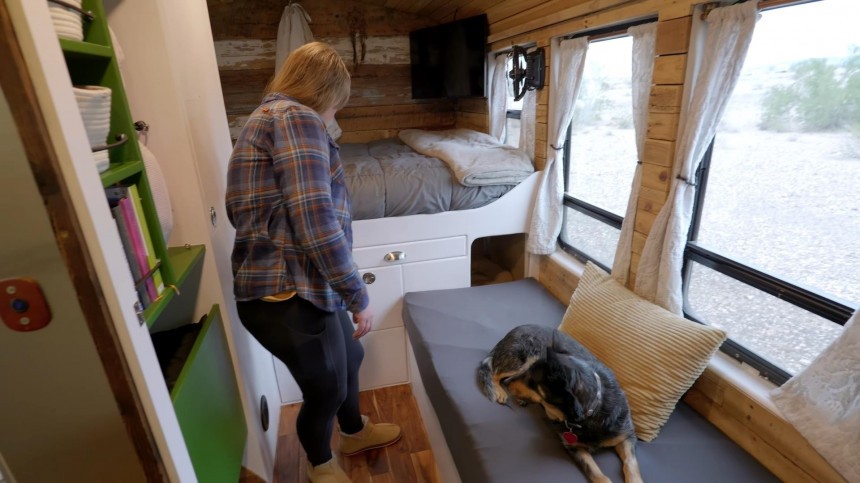 This Short School Bus Is a Snug Cabin on Wheels With an XL Bathroom and a Full Kitchen