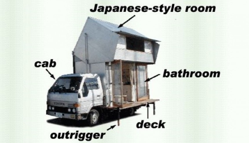 Two\-story transformable RV based on a Toyota ToyoAce truck, entirely hand\-made