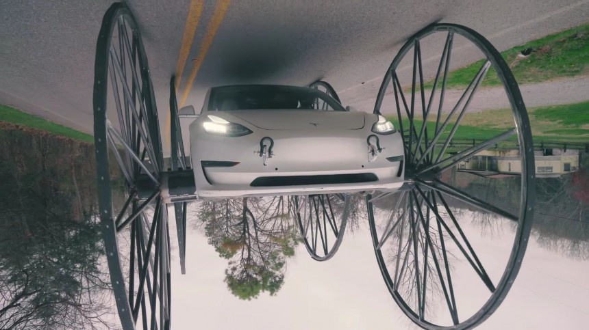 Tesla on 115\-inch wheels sees the world from a whole new perpective