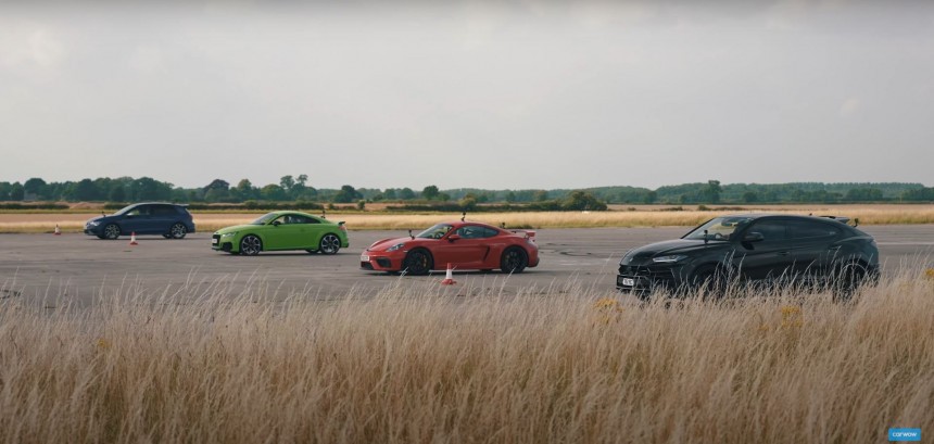 Urus vs TT\-RS vs Cayman GT4 vs Golf R Drag Race Ends With Mixed Results
