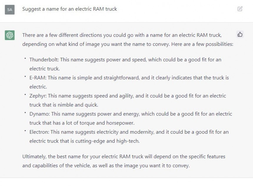 ChatGPT suggestions for Ram's electric truck name