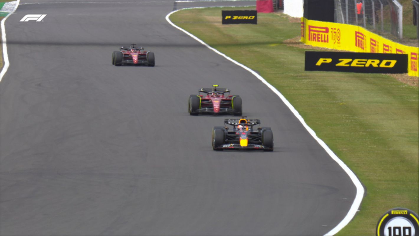 Sainz overtakes Verstappen after the Dutchman has a puncture. It seems like he ran over some pieces of carbon.