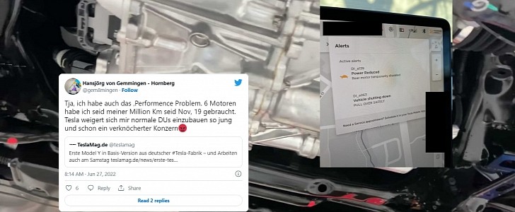 Hansjörg Eberhard von Gemmingen states his multiple rear motor replacements may be related to rear motor defect with the Model Y