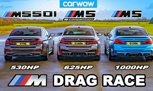 1000 HP BMW M5 Drag Races M5 Competition and M550i on the Wettest British Tarmac