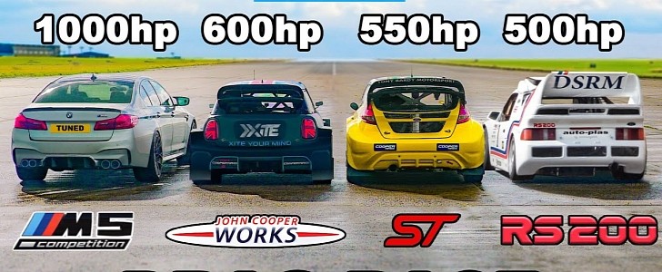 1000 hp BMW M5 vs three Rallycross cars
