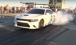 1,000 HP Dodge Charger Hellcat Hits Drag Strip with Child Seats in the Back