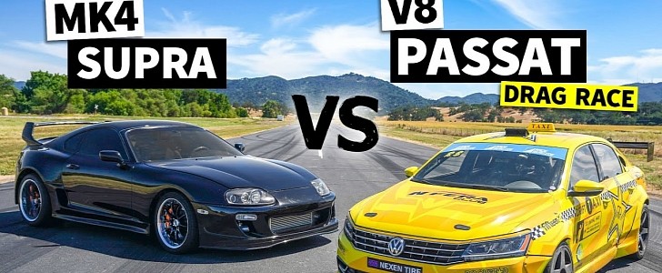 1000 HP Toyota Supra Drag Races LS7-Powered VW Passat With 8-to-1 Exhaust