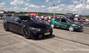 1,050-HP VW Golf Drags AMG GT 63 S, One Driver Closes the Door Mid-Race and Still Wins