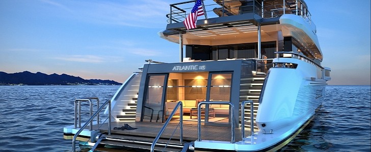The 2022 Asteria 116 features a unique beach club with a cabana lounge and submersible swim platform